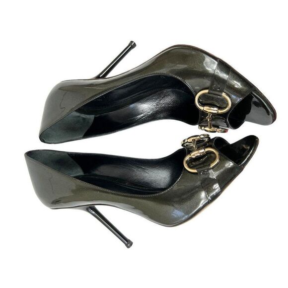 GUCCI Green Patent Leather Hollywood Horsebit Peep Toe Pumps Size 7.5 - Picture 5 of 12